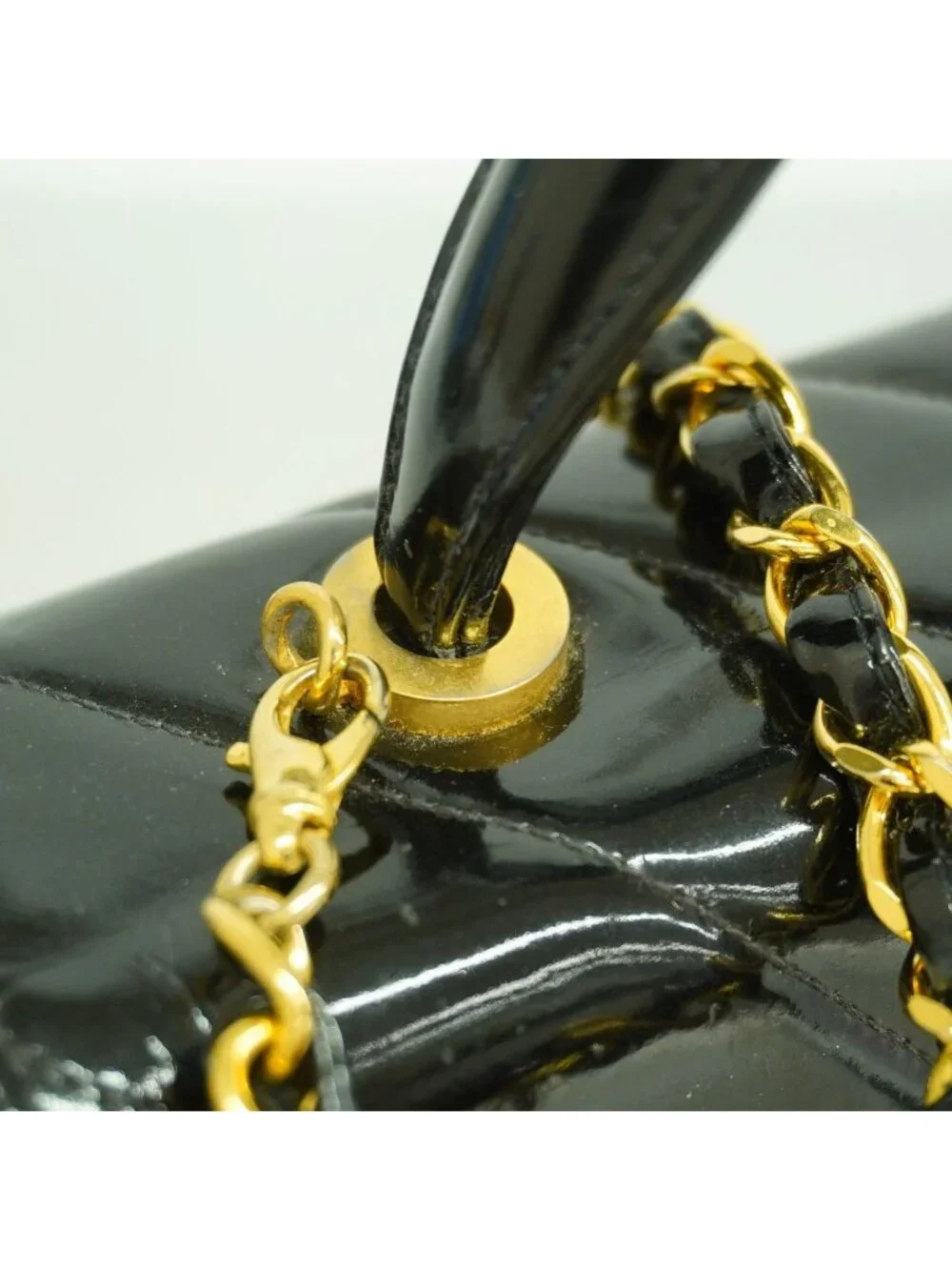 Chanel Handbag Stitch Patent Leather Black Gold 2-Way